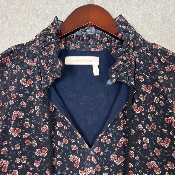 See by Chloé Blue Floral Long Sleeve Haze Lace Trim Mini Dress Size 34 - Picture 7 of 11